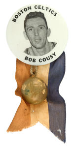 FAMED BASKETBALL PLAYER BOB COUSY CELTICS ARENA SOUVENIR BUTTON.