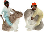 BLACK AMERICANA CHILDREN ON JUNGLE ANIMALS GERMAN BISQUE FIGURE TRIO.