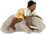 BLACK AMERICANA CHILDREN ON JUNGLE ANIMALS GERMAN BISQUE FIGURE TRIO.