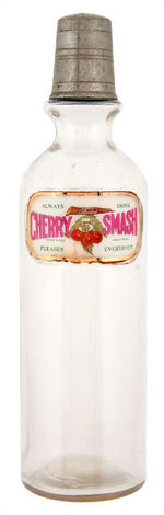 "CHERRY SMASH" LABEL UNDER GLASS FOUNTAIN BOTTLE.