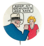 DICK TRACY AND ORPHAN ANNIE RARE CLASSIC AD BUTTON "SHOP AT GENUNG'S..."