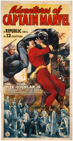 "ADVENTURES OF CAPTAIN MARVEL" LINEN-MOUNTED THREE-SHEET MOVIE SERIAL POSTER.