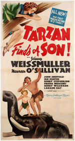 "TARZAN FINDS A SON!" LINEN-MOUNTED THREE-SHEET MOVIE POSTER.