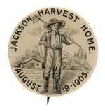 GREAT IMAGE OF FARMER WITH HOE FOR 1905 EVENT BUTTON.