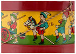 CHEIN TOY DRUM WITH BOY SOLDIERS & DRUMSTICKS.