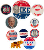 IKE EIGHT BUTTONS, WOOD PIN AND IKE CENTENNIAL BUTTON.