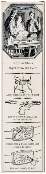 "SHOOTIN' SHELL BUCKLE GUN" BY MATTEL IN ORIGINAL BOX.