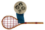 TENNIS CHAMPIONS BUTTON WITH RACKET HANGING ATTACHMENT.