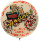 MILWAUKEE STEAM RUNABOUT 1900 CAR PICTURED ON 1901 "NATIONAL AUTOMOBILE EXHIBITION" BUTTON.