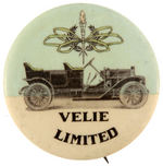 "VELIE LIMITED" RARE BUTTON FROM KANSAS MAKER OF CARRIAGES, SADDLES, AUTOMOBILES AND AIRPLANES.