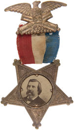 JOHN A. LOGAN BRASS SHELL BADGE FROM G.A.R. NATIONAL CONVENTION ST. LOUIS 1887.