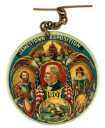 SUPERB COLOR "JAMESTOWN EXPOSITION 1907" TWO-SIDED CELLULOID FOB ON CHAIN FOR WEARING.