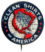 1930s BUTTON SPOOFING HITLER'S BROWN SHIRTS, MUSSOLINI'S BLACK SHIRTS, FATHER COX'S BLUE SHIRTS.