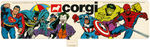 "CORGI" RACK SIGN FEATURING DC COMICS & MARVEL COMICS CHARACTERS.