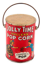 "JOLLY TIME HULLESS POP CORN" TIN.