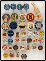 FOUR 1896 SPORTS PINS, WOMEN’S GOLF PIN & 35 AD BUTTONS.