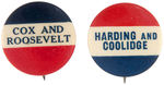 “COX AND ROOSEVELT” AND “HARDING AND COOLIDGE” SCARCE 1920 NAME BUTTONS.