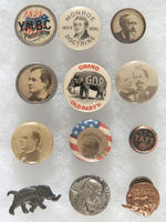 NICE GROUP OF LAPEL STUDS SPANNING 1894-1944 AND INCLUDING 1895 MONROE DOCTRINE.