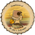 “COMPLIMENTS OF WOLFE’S SCHNAPPS” ART NOUVEAU INFLUENCED POCKET MIRROR.