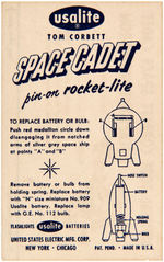 "TOM CORBETT SPACE CADET PIN-ON ROCKET-LITE" DISPLAY.