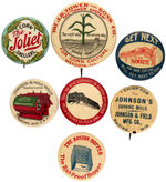 CORN PLANTING, HARVESTING AND PROCESSING GROUP OF SEVEN BUTTONS FROM EARLY 1900s.