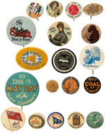ADVERTISING LOT OF FIFTEEN BUTTONS AND LAPEL STUDS INCLUDING RARITIES.