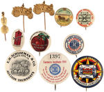 FARM RELATED ELEVEN ITEMS INCLUDING PAIR OF IDENTICAL “ADVANCE-RUMELY” STEAM TRACTOR STICKPINS.