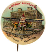 WANAMAKER’S OUTSTANDING SANTA BUTTON WITH BUILDING DESIGN VARIETY.