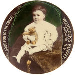 “GOOD FOR 10¢ IN TRADE” REAL PHOTO MIRROR OF YOUNG BOY WITH TEDDY BEAR.