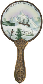 CONSOLIDATED ICE COMPANY BEAUTIFUL HIGHLY DOMED PORCELAIN HELD IN BRASS FRAME HAND MIRROR.