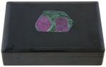 CARVED BLACK ONYX BOX WITH INLAID RUBIES IN LID.