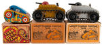 MARX TIN LITHO WIND-UP ARMY CAR & FOUR DIFFERENT VARIETY TANKS.