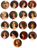 PRETTY LADIES SEVENTEEN OF TWENTY SEVEN KNOWN PREMIUM BUTTONS FROM TOBACCO COMPANIES C. 1912-1915