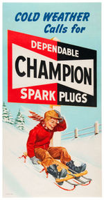 “CHAMPION SPARK PLUGS” SIGN WITH BOY ON SLED.