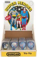 "DUNCAN SUPER HEROES" YO-YO DISPLAY WITH SUPERMAN, BATMAN & ROBIN.