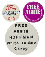 “FREE ABBIE” BUTTON TRIO FOR YIPPIE ABBIE HOFFMAN.