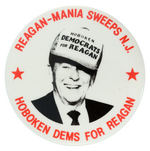"REAGAN-MANIA SWEEPS N.J./HOBOKEN DEMS FOR REAGAN" BUTTON.