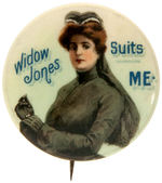 "WIDOW JONES SUITS ME" CLOTHING LINE AD BUTTON.