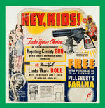 "WILLIAM BOYD/HOPALONG CASSIDY/PILLSBURY'S FARINA" RUBBERBAND GUN PREMIUM OFFER STORE SIGN.