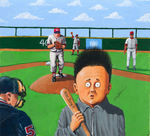 "KIM JUNG IL 'ON DECK' ORIGINAL ART BY BRIAN CAMPBELL 2003 PLUS BUTTON.