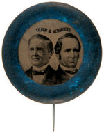 "TILDEN & HENDRICKS" UNIFACE JUGATE FERROTYPE PIN IN BLUE COLORED METAL FRAME.