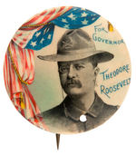 CLASSIC ROOSEVELT GOVERNOR BUTTON MISSING RABBIT'S FOOT BUT WITH EXPLANATORY BACK PAPER.