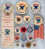 NATIONAL RECOVERY ADMINISTRATION 16 BUTTONS INCLUDING RARE “OFFICIAL INVESTIGATOR RIBBON.