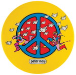 RARE PETER MAX 1960s PEACE SYMBOL BUTTON WITH FROLICKING HIPPIES & DOVES.
