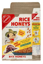 NABISCO "RICE HONEYS" CEREAL BOX WITH DINOSAUR MODELS & DINOSAUR GUIDE PREMIUMS.