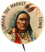 “OMAHA THE MARKET TOWN” SUPERB COLOR BUTTON SHOWS INDIAN WARRIOR WITH PEACE MEDAL NECKLACE.