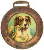 "PROTECT YOUR CHILD" INSURANCE WATCH FOB WITH SUPERB CELLULOID CENTER SCENE.