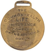 "PROTECT YOUR CHILD" INSURANCE WATCH FOB WITH SUPERB CELLULOID CENTER SCENE.