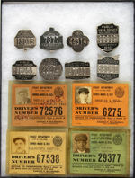 NEW YORK CITY PUBLIC HACK DRIVER (TAXI) EIGHT METAL BADGES AND FOUR PHOTOGRAPHIC.