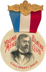 "YOUNG MEN'S BLAINE CLUB" C.1896 CELLULOID RIBBON BADGE.